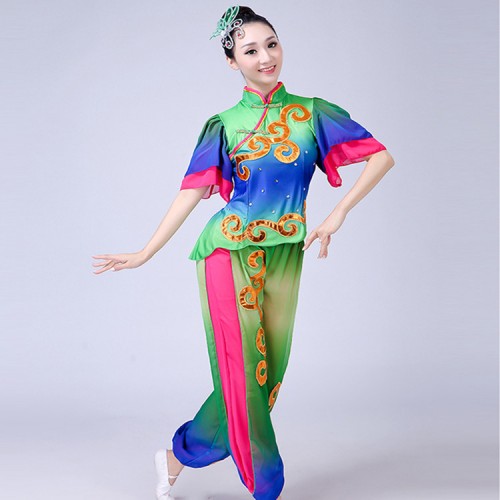 Women's chinese folk dance costumes green colored minority yangko fan square umbrella square dance dresses tops and pants